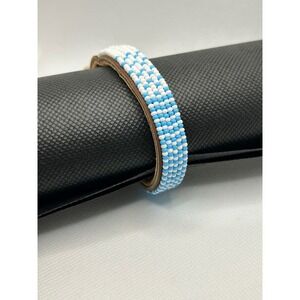 Swahili Coast Sky Blue White Seed Beads‎ Leather Bracelet Handmade 7.25 in